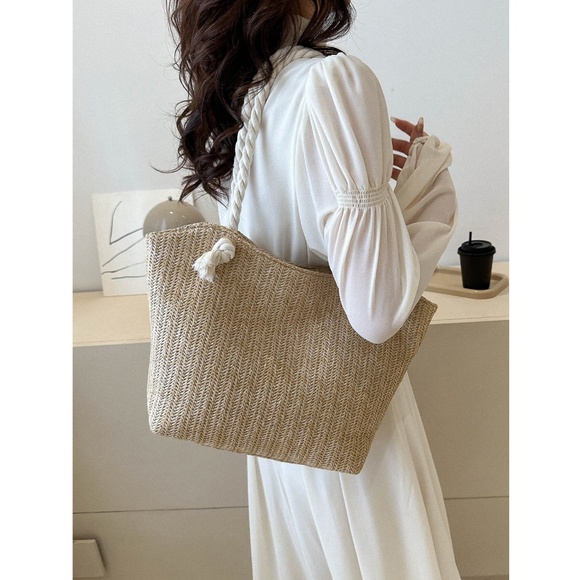 Medium Tote Straw Bag Khaki Beige Lined Rope Handles Beach Summer - Picture 3 of 8